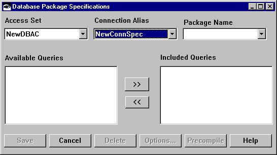 Database package specifications window