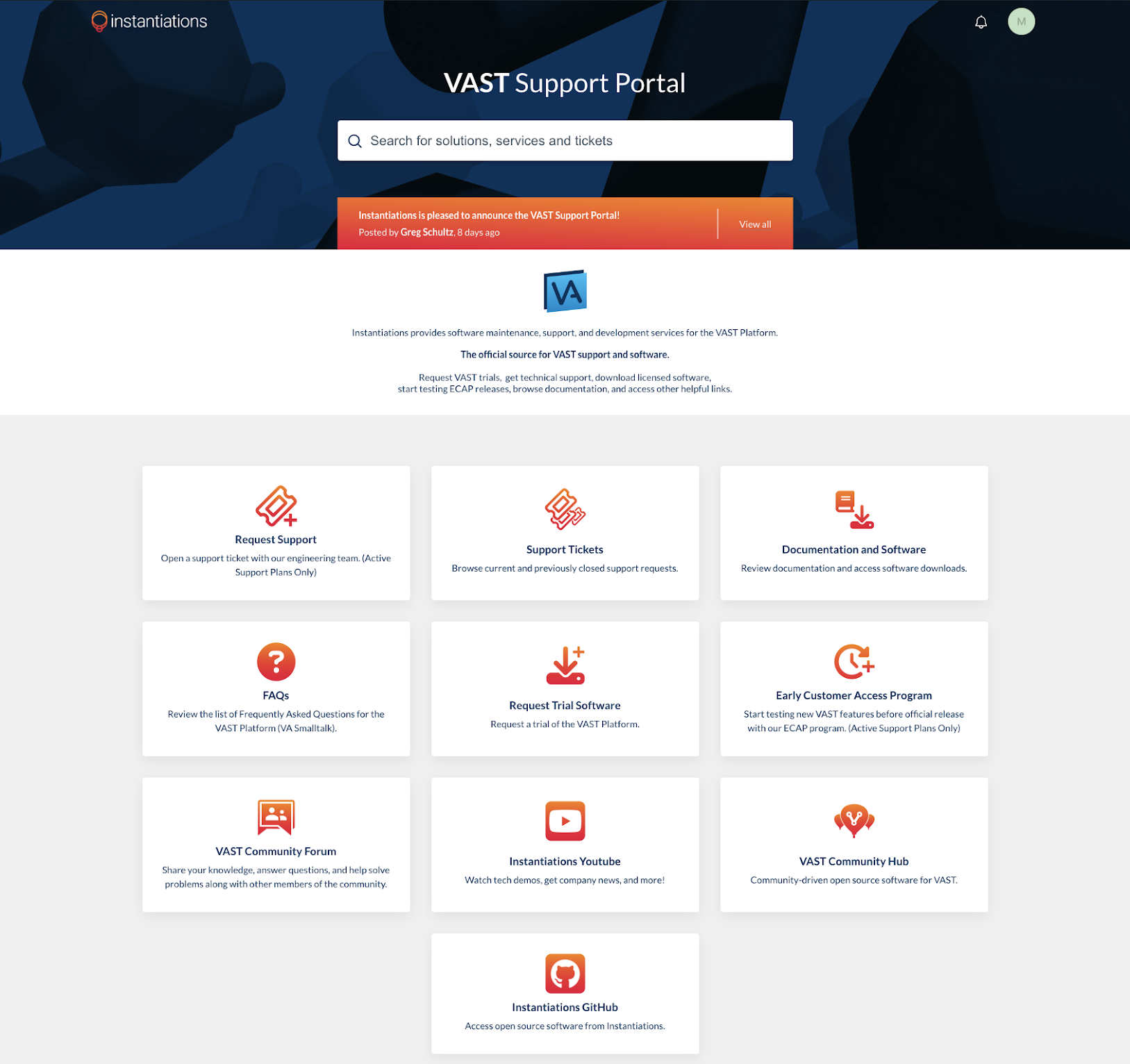 VAST Support Portal screenshot